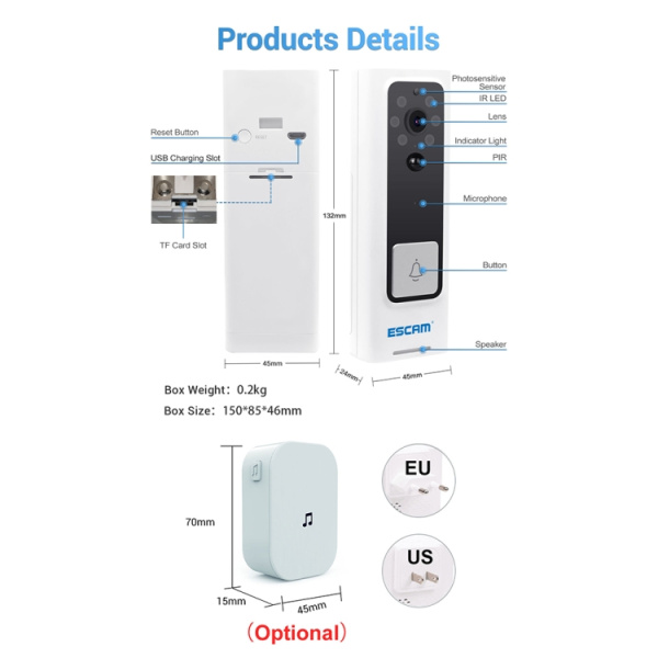 ESCAM V3 1.7mm 120 Degree Wide-angle Lens Smart WiFi Video Intercom Doorbell with Chime, Support Human Infrared Detection / Motion Detection & Infrared Night Vision - Bild 2